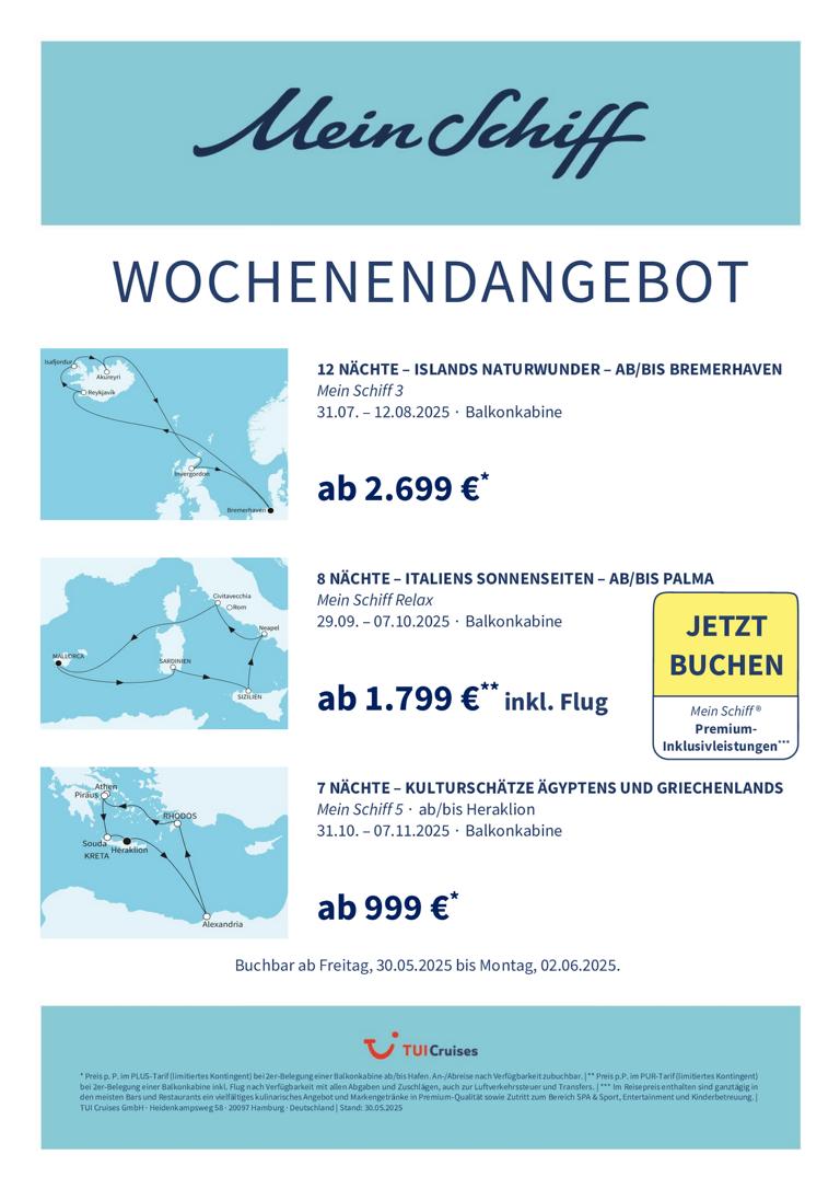 Mein Schiff® Wochenendangebot – 30.05. bis 02.06.2025 1 K1024 mein schiff wochenendangebot kw 22 bunt 1