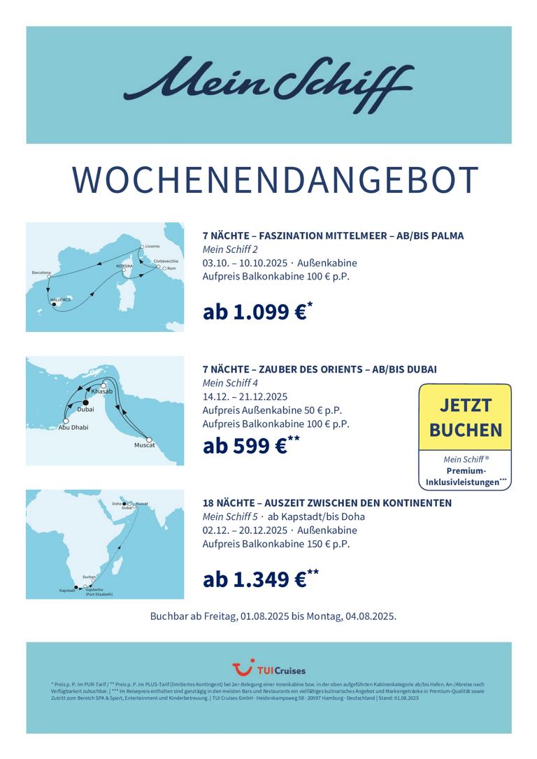 Mein Schiff® Wochenendangebot – 01.08. bis 04.08.2025 1 K1024 mein schiff wochenendangebot kw 31 bunt