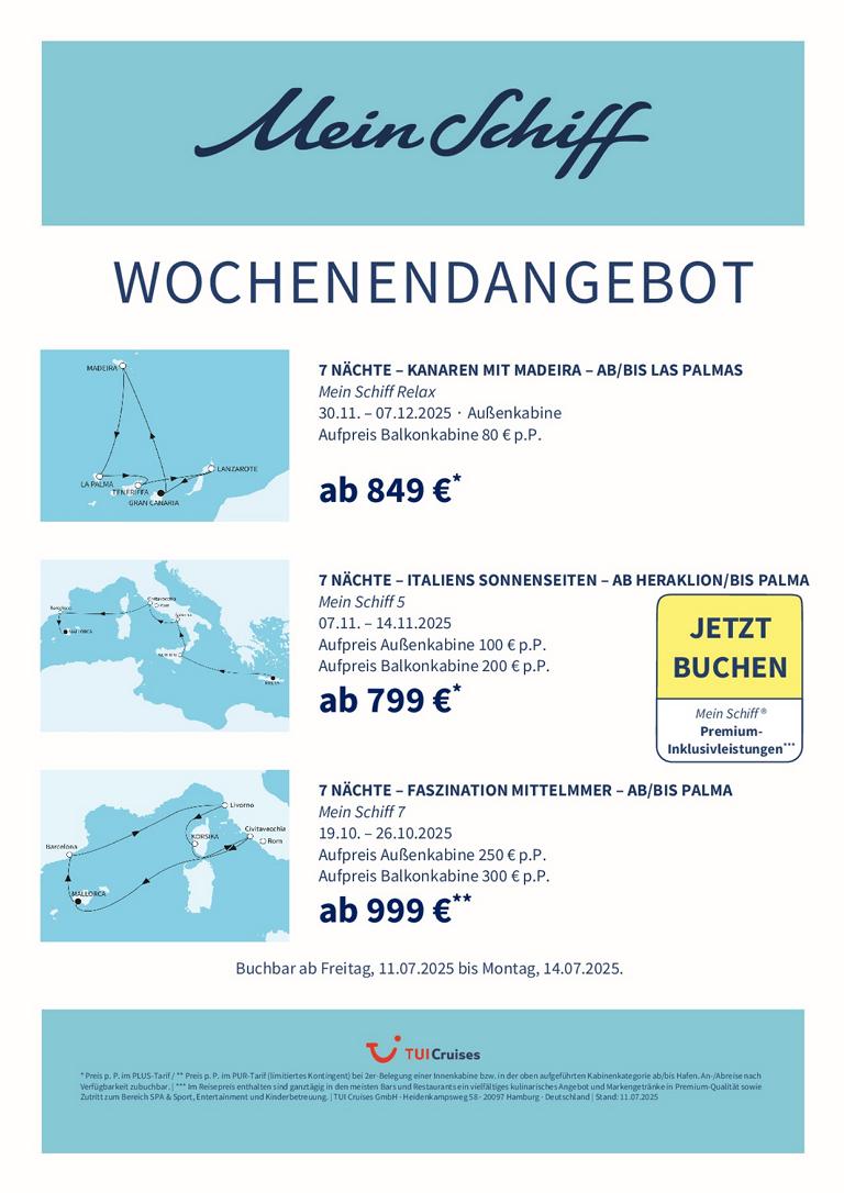 Mein Schiff® Wochenendangebot – 11.07. bis 14.07.2025 1 K1024 mein schiff wochenendangebot kw 28 bunt