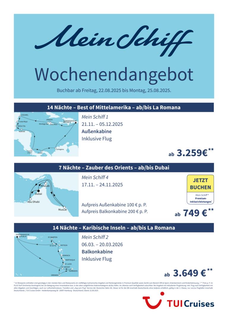 Mein Schiff® Wochenendangebot – 22.08. bis 25.08.2025 1 K1024 mein schiff wochenendangebot kw 34 bunt