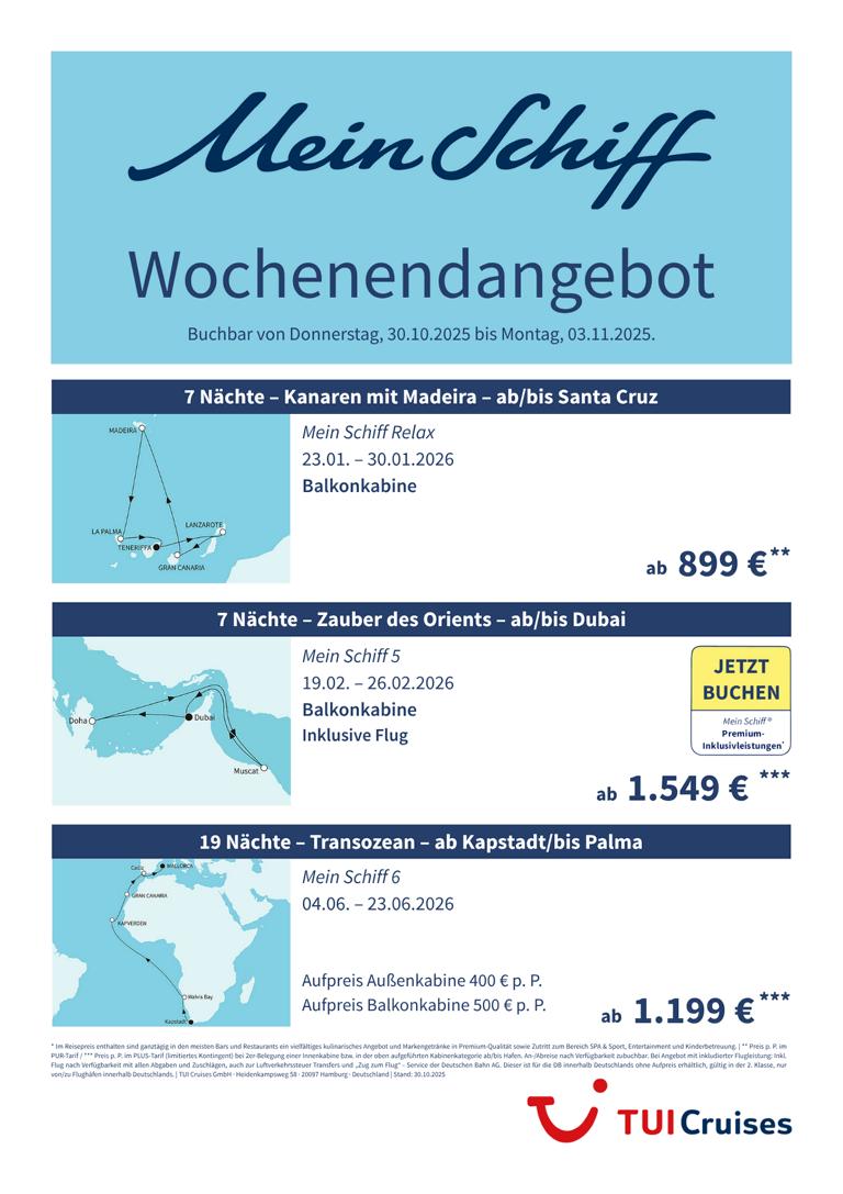 Mein Schiff® Wochenendangebot – 30.10. bis 03.11.2025 1 K1024 mein schiff wochenendangebot kw 44 bunt