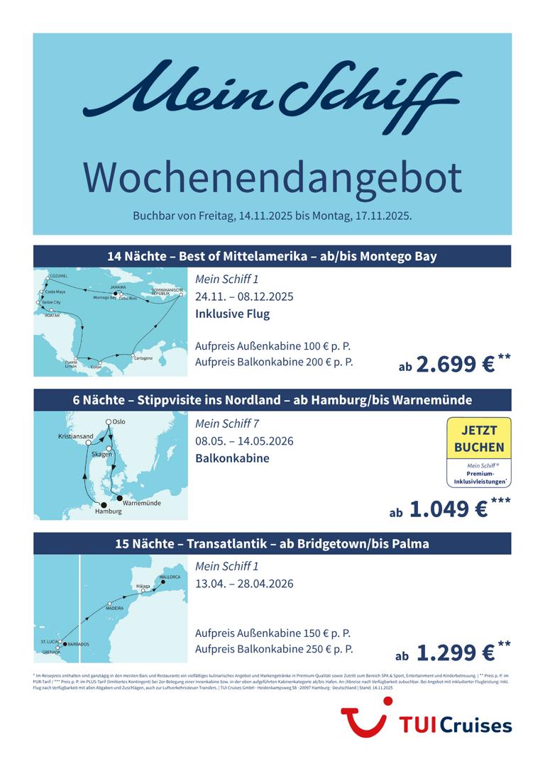 Mein Schiff® Wochenendangebot – 14.11. bis 17.11.2025 1 K1024 mein schiff wochenendangebot kw 46 bunt