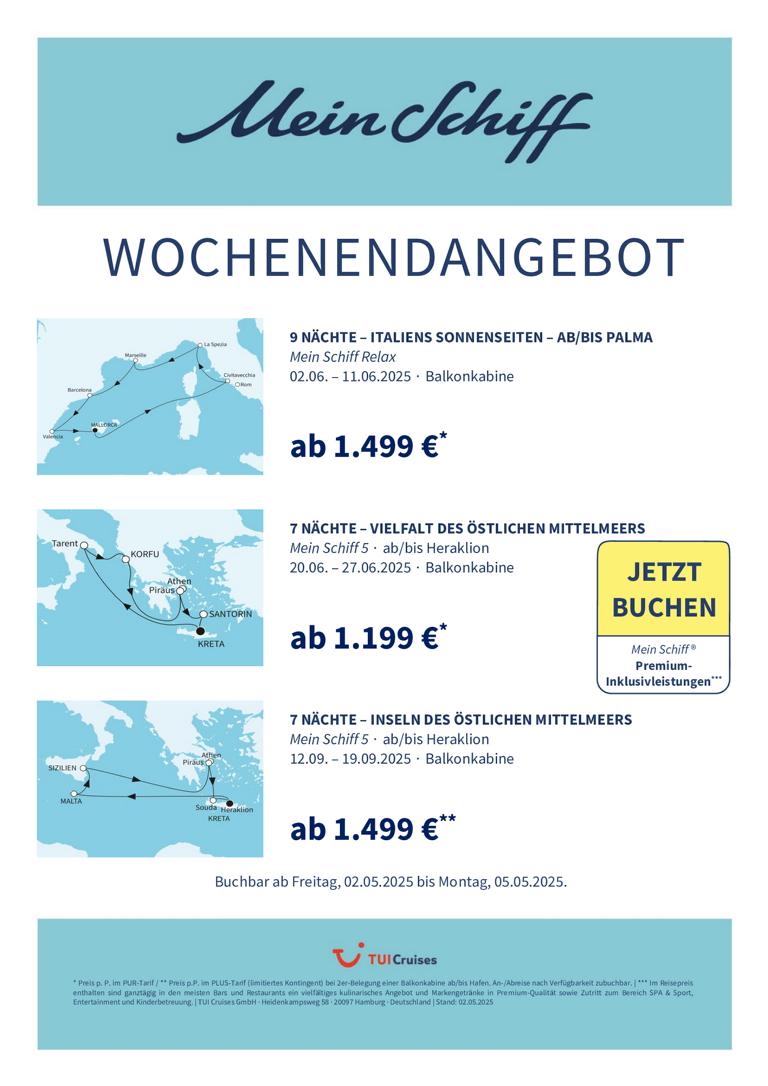 Mein Schiff® Wochenendangebot – 02.05. bis 05.05.2025 1 mein schiff wochenendangebot kw 18