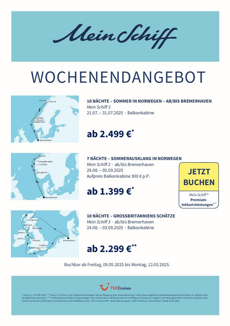 Mein Schiff® Wochenendangebot – 09.05. bis 12.05.2025 1 mein schiff wochenendangebot kw 19